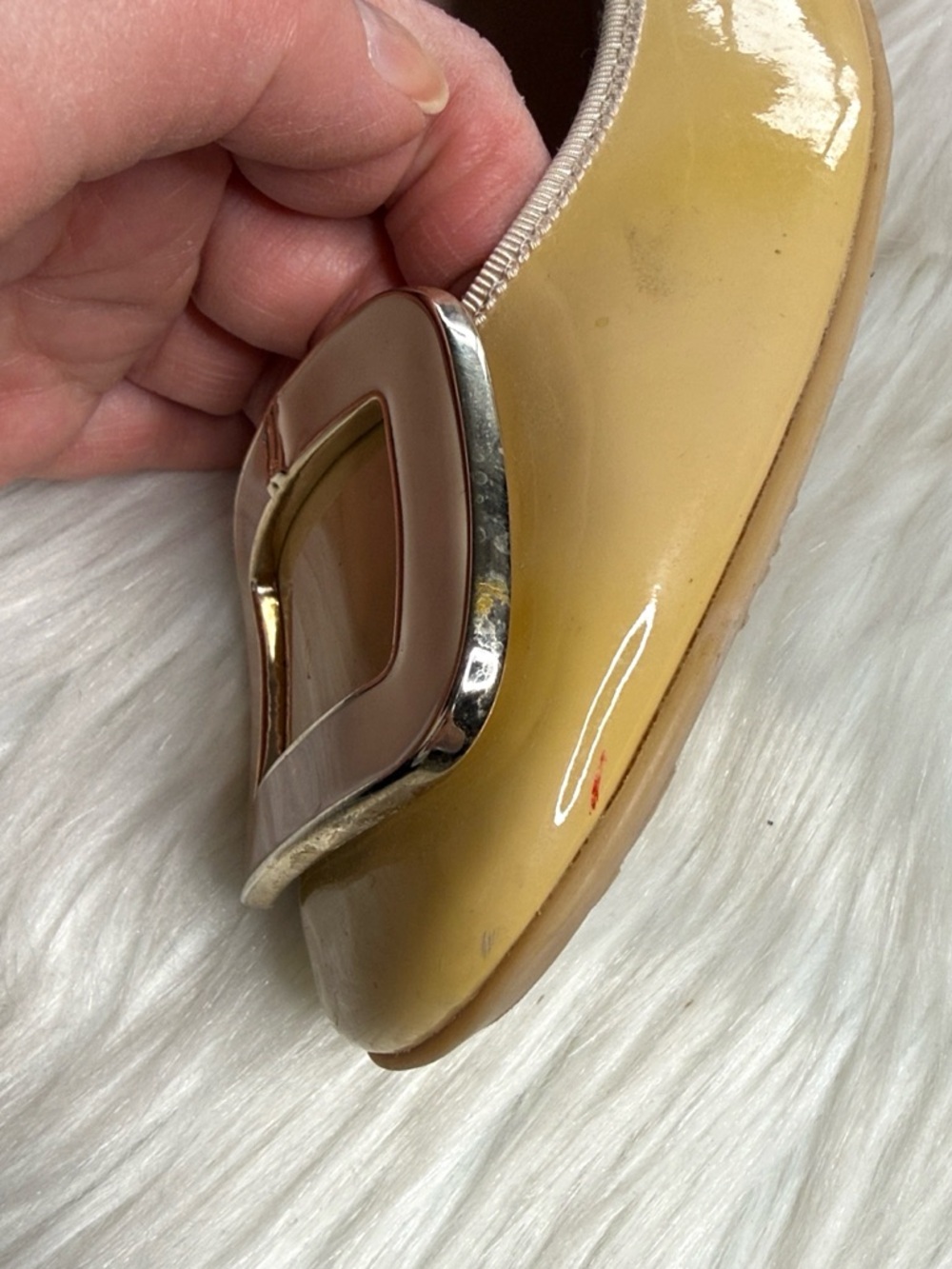 Pretty Ballerinas Pale Yellow Patent Leather Buckle Toe Ballet Flats - Picture 9 of 9